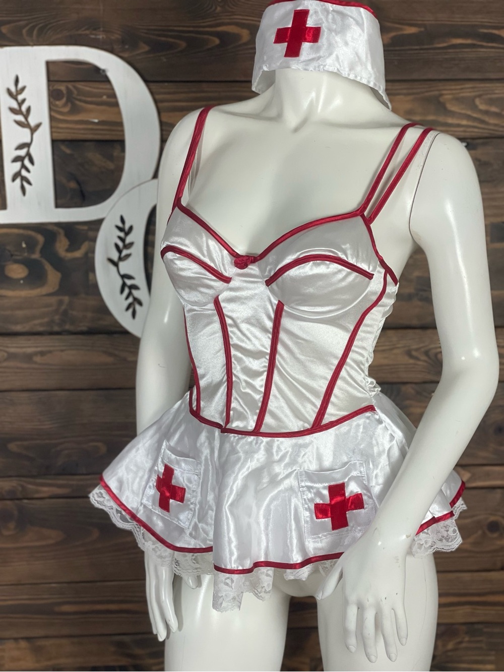 Jolie Intimates | Satin Nurse Bustier Costume Red Trim Lace Layered Peplum Tunic